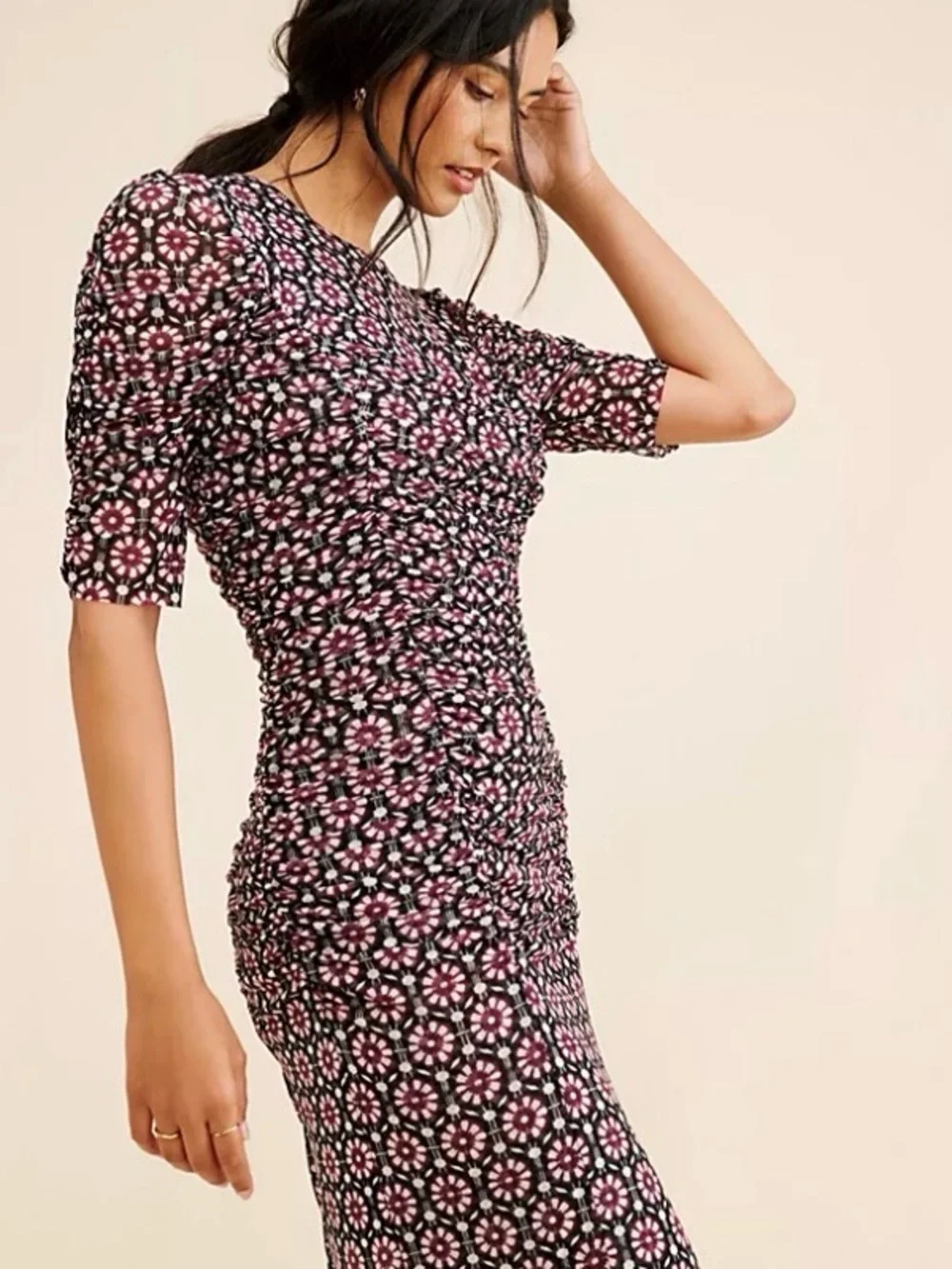 Free People Briella Printed Ruched Midi Dress in a black combo BNWT sz SM